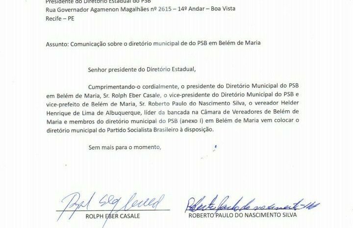  BELÉM DE MARIA: Líderes do PSB devolvem partido ao regional Sileno Guedes de forma amigável.