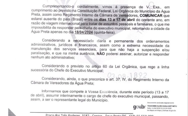  ÁGUA PRETA: Prefeito interino NETO CAVALCANTI se afasta para viagem internacional, convocando VEREADOR para assumir e gerando polêmica.