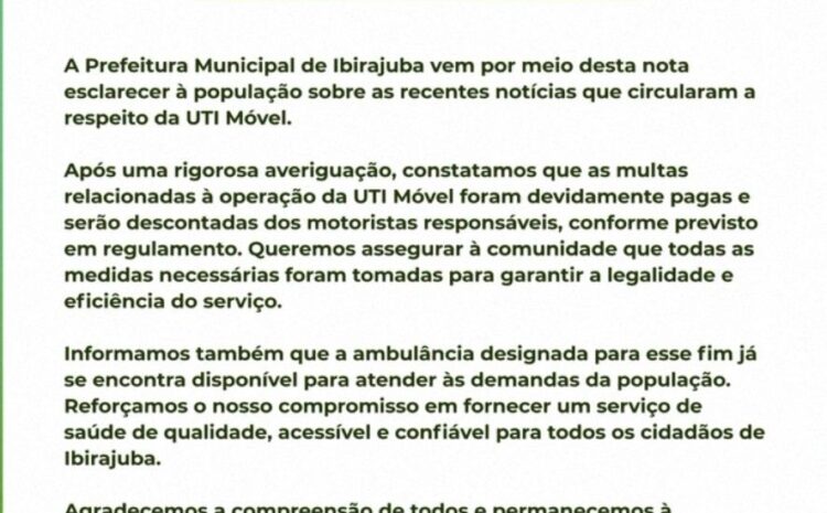  IBIRAJUBA: Prefeitura garante regularização da UTI MÓVEL e reforça compromisso com a saúde da população