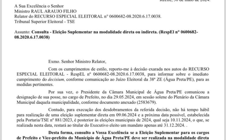  ÁGUA PRETA: Presidente do TRE-PE consulta TSE sobre ELEIÇÃO SUPLEMENTAR em Água Preta/PE; eleições poderão ocorrer em 06/10.